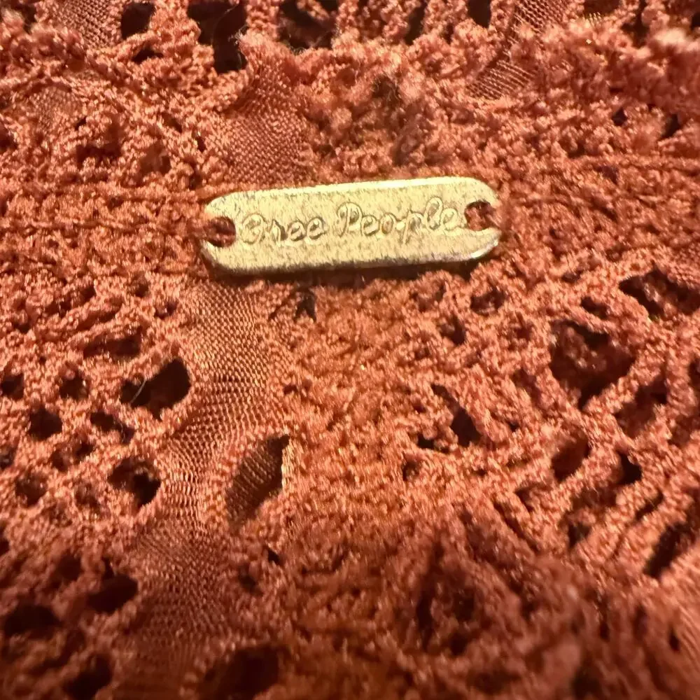 Free People Rust Orange Crochet Lace Sheer Long Sleeve Top Small Boho Festival